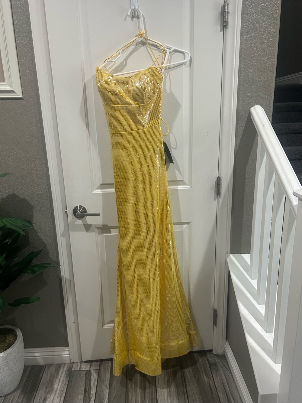 Terani Couture Yellow Sequin Spaghetti-Strap Maxi Gown